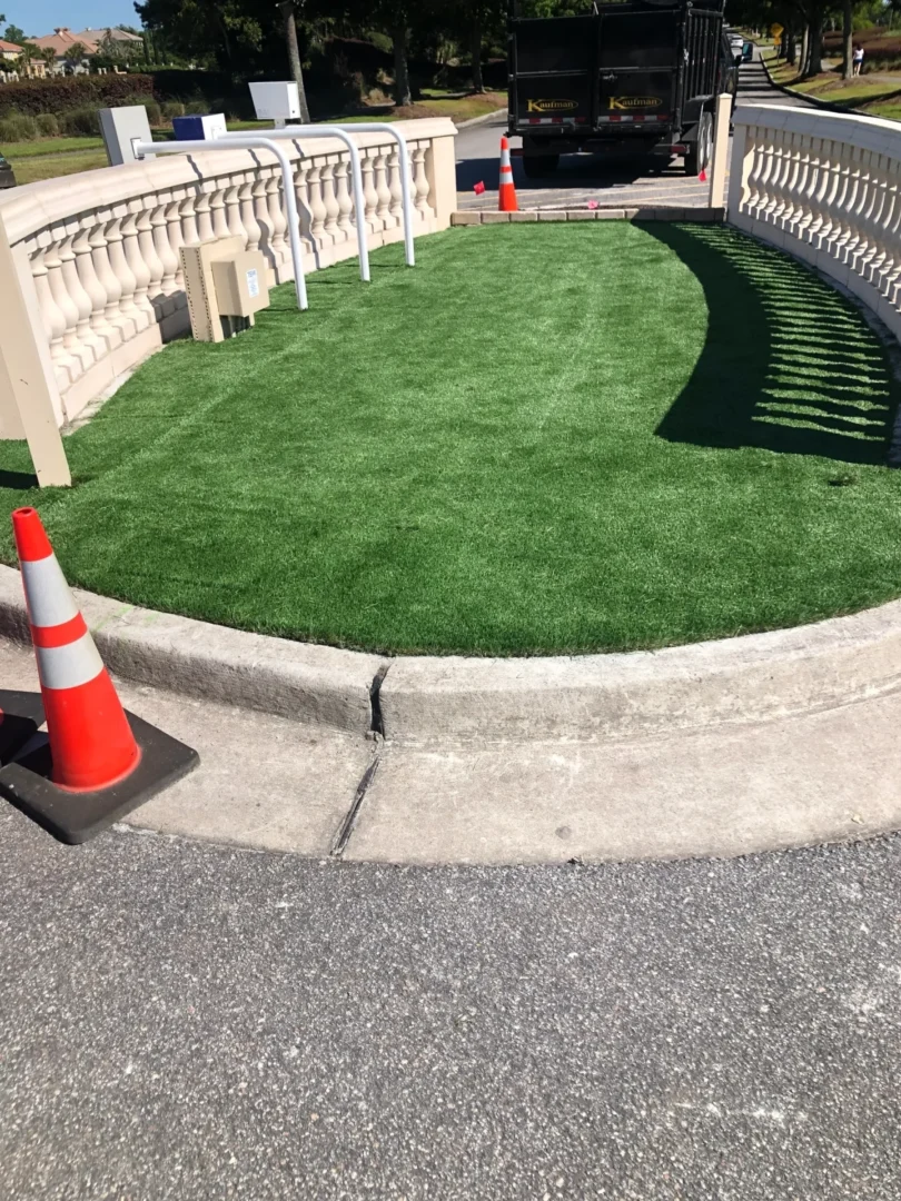 A street corner with grass and orange cone.